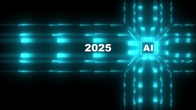Happy new year 2025. Artificial intelligence, Ai, Robotic hand tapping on the CPU to change the year into 2025 to start and welcome the upcoming technology era.4k motion graphics video animation