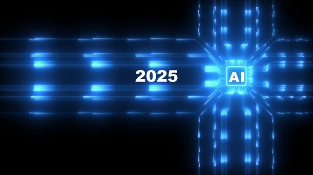 Happy new year 2025. Artificial intelligence, Ai, Robotic hand tapping on the CPU to change the year into 2025 to start and welcome the upcoming technology era.4k motion graphics video animation