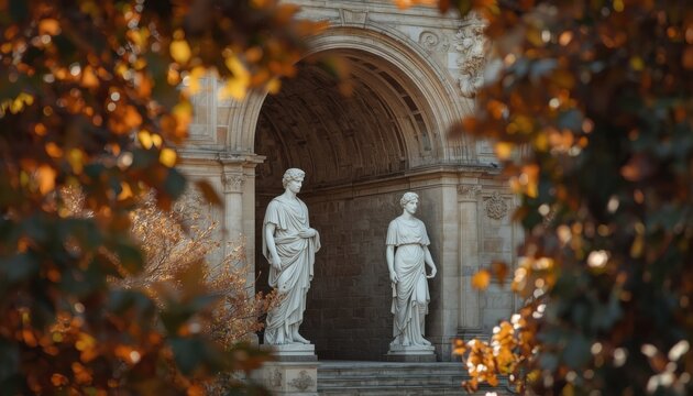 Pair of classical marble statues standing beneath a grand stone archway framed by autumn foliage