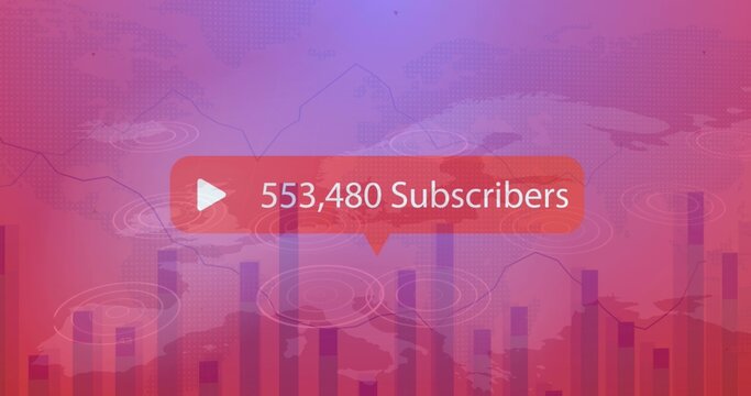 Floating red bubble badge showing 553,480 subs with play icon over magenta gradient and map bars
