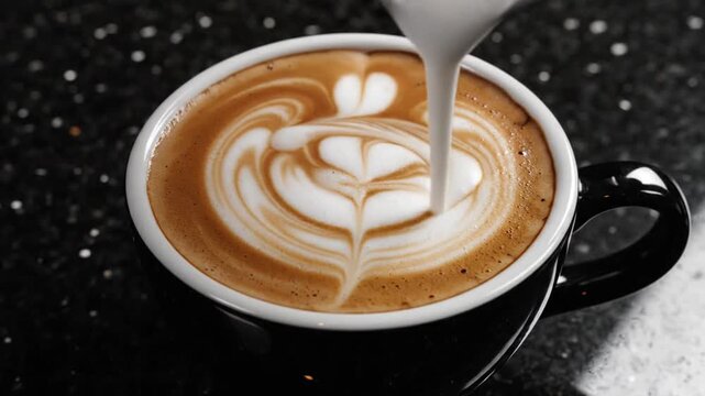 Steamed milk pouring into black coffee cup for latte art