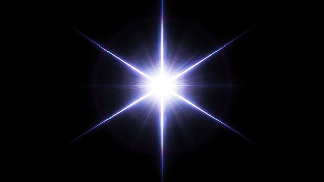 Brilliant white and soft violet camera flash starburst with six sharp diffraction spikes on black