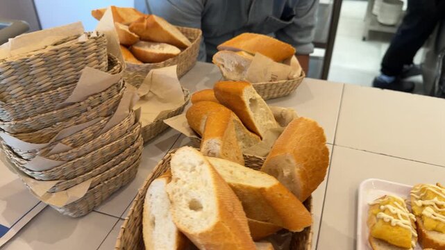 Assorted spanish tapas and baguette bread in madrid restaurant kitchen
