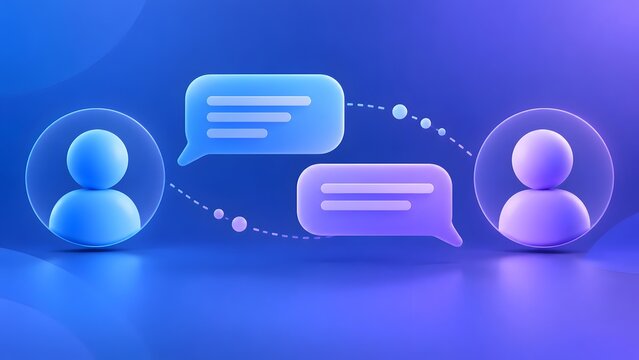 Three dimensional blue and purple user avatar icons connected by dotted lines and chat message bubbles representing online communication and messaging