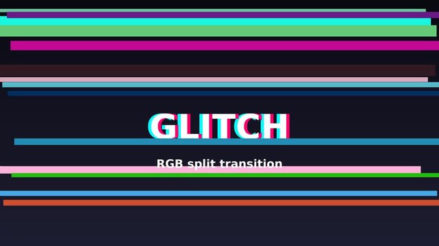 Glitch text effect with RGB split transition lines moving across a dark background for video editing