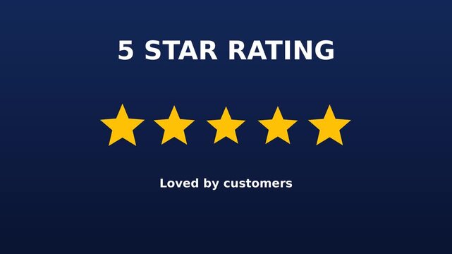 5 star rating text with yellow star icon and loved by customers caption on dark blue background
