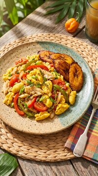 Traditional Jamaican ackee and saltfish dish served with fried plantains on ceramic plate