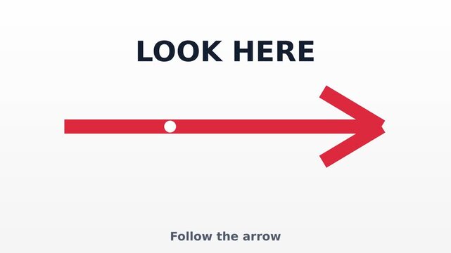 Look here text with red arrow pointing right on white background for digital marketing motion graphic