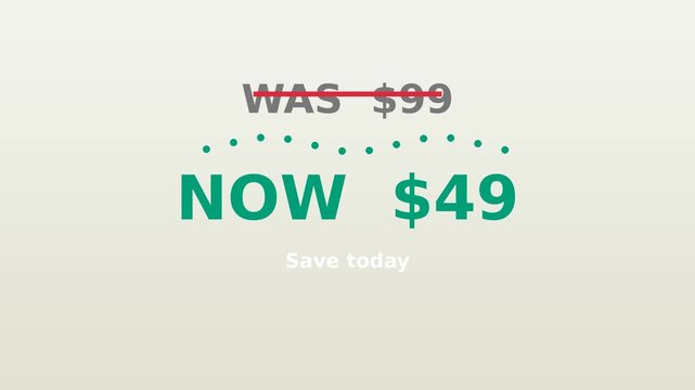 Was 99 dollars text animation showing price reduction on a clean light grey gradient background motion graphic