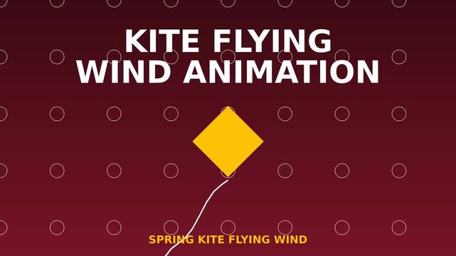 Yellow kite flying wind animation with white string on dark red background with simple circular pattern design