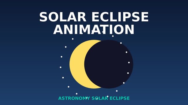 Solar eclipse animation with moving moon and sun circles against dark blue background for astronomy science education