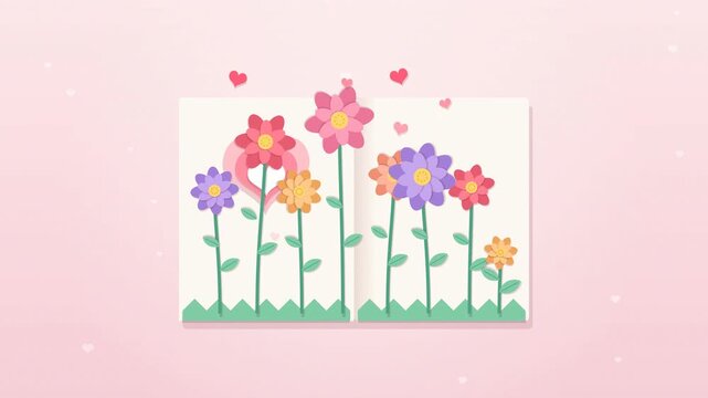 Paper cut greeting card opens and pops up with blooming paper flowers and floating hearts in soft pastel pink. Seamless 4K loop for Mother&rsquo;s Day, love and greeting messages.