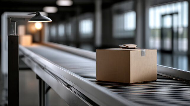 Cardboard box conveyor packaging shipping warehouse industrial logistics delivery plain brown box on conveyor belt in warehouse