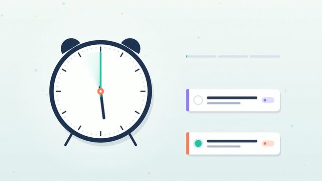Spinning alarm clock beside task cards that drop, stack and get checked off as a progress ring fills. Seamless 4K flat loop for time management, productivity and deadlines.