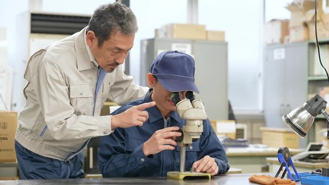 指導を受ける工場作業員。技能実習生、職業訓練、外国人、検品、整備、製造業、工場、人材、雇用、サポート