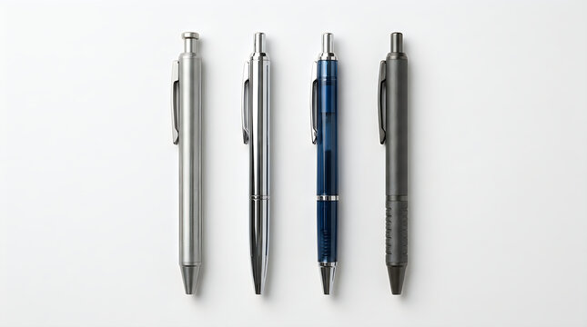 Four different metal pens arranged in a neat row against a clean white background with ballpoint pen