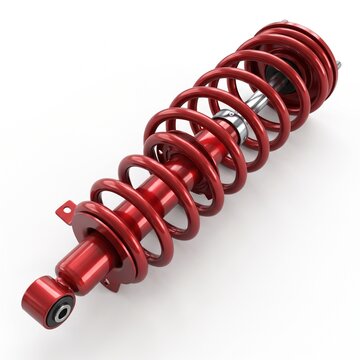 Industrial heavy duty red automotive suspension coil spring and shock absorber 3d render on white background