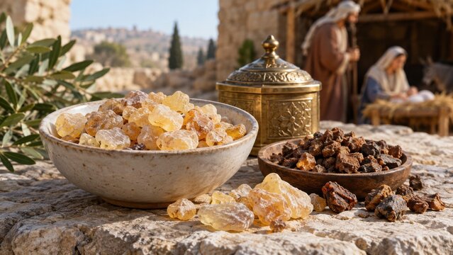 Bowls of frankincense and myrrh beside an ornate container with a nativity scene and olive branches in a sunlit biblical village setting