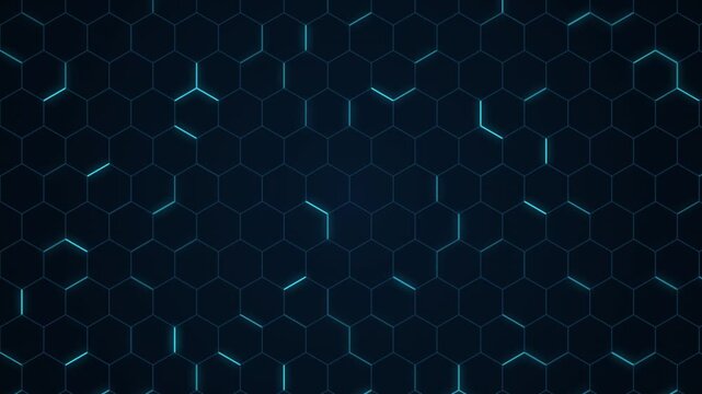 Glowing blue futuristic hexagonal grid pattern pulsing with bright cyber light across digital space