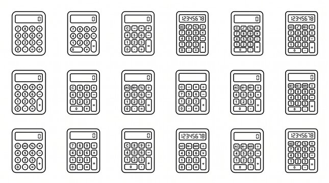 Black-and-white vector icon collection featuring sixteen calculator designs with varied button layouts, rectangular screens, arithmetic symbols, and rounded edges, minimalist outline style on white ba