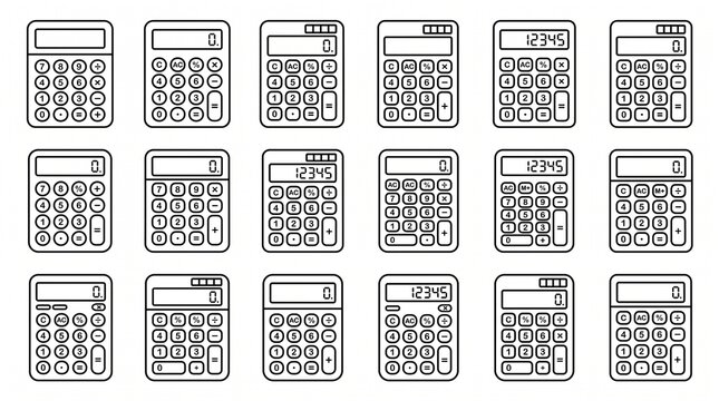 Black-and-white vector icon collection featuring sixteen calculator designs with varied button layouts, rectangular screens, arithmetic symbols, and rounded edges, minimalist outline style on white ba