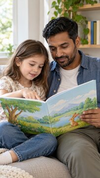 Father and daughter reading an illustrated nature book together on a sofa in a bright home interior, family bonding and cultural integration scene