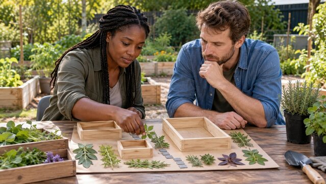 Diverse gardeners arranging plant specimens and wooden trays together at an outdoor worktable in a sunny community garden, cultural integration