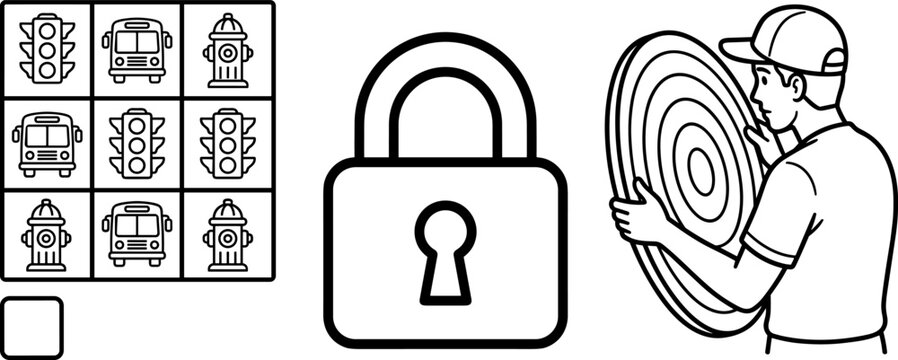 Captcha image grid, padlock and man holding a target board, black and white line art illustration