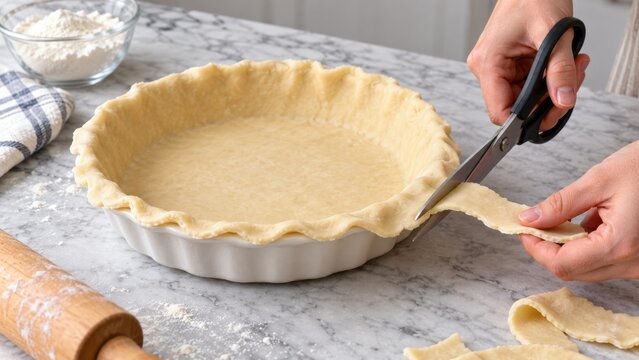 Unbaked pumpkin pie crust in a ceramic dish being trimmed with kitchen scissors on a marble countertop in a home kitchen setting