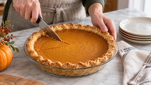 Person slicing homemade pumpkin pie in a glass dish beside small pumpkins, autumn berries, stacked plates, and a folded napkin on a marble table
