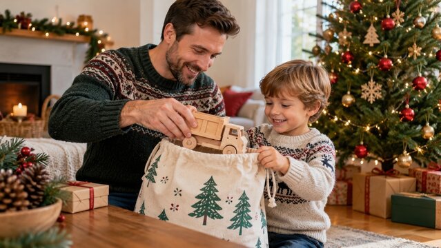 Father and son unwrapping a wooden toy truck beside a decorated Christmas tree in a cozy living room during the Christmas holiday
