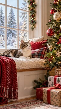 Tabby cat resting on a cozy window seat beside a decorated Christmas tree, wrapped gifts, red knit blanket, plaid pillows, and snowy forest view