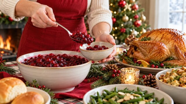 Christmas dinner with roasted turkey, cranberry sauce, green beans and festive table decorations in a warmly lit home dining setting