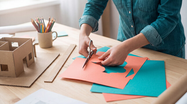 Hands cutting coral paper with scissors beside a cardboard house model, shaping materials for a creative architectural craft project