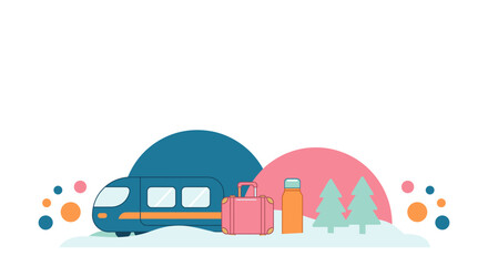 Calm train rests beside luggage and trees. Sunset hues paint the snowy landscape. Bright dots add playful energy to the scene. Perfect for travel or adventure themes. Simple, modern design invites joy © LarisaM