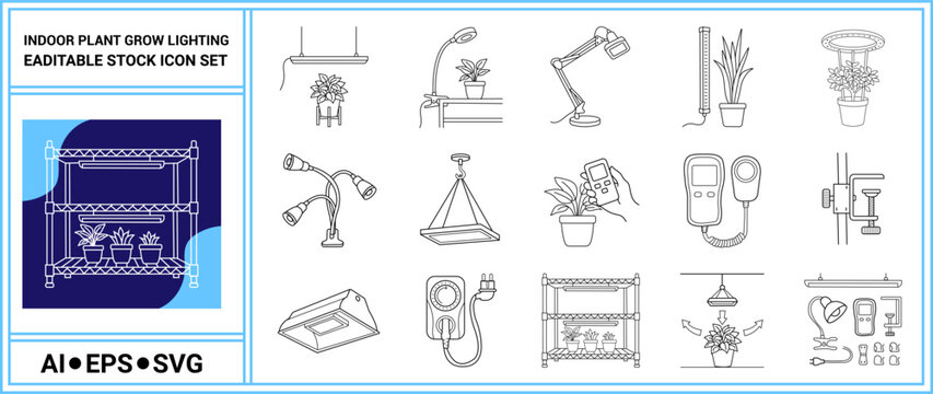Indoor plant grow lighting editable vector icon set for hydroponics, seedlings, gardening lamp and equipment