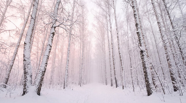 Snowy path through a quiet birch forest, with frost covered trees fading into winter mist beneath a soft pink dawn sky