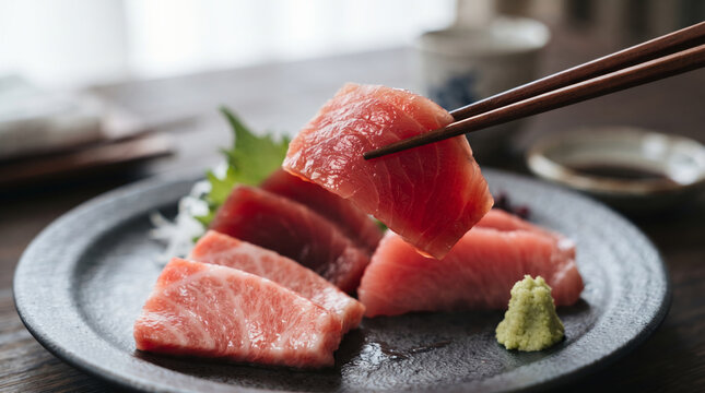 箸で持ち上げられた新鮮なマグロのお刺身