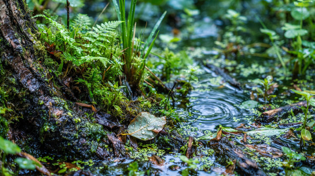 水面に波紋が広がる静かな森の湿原と苔が生い茂る自然環境