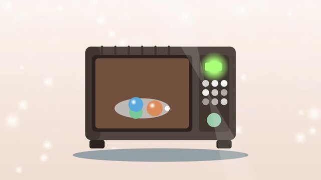 Animated microwave oven icon heating food on plate, flat design appliance vector illustration, kitchen technology motion graphics