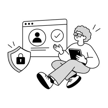 A seated tablet user points toward a browser profile panel with a check mark, while a padlock shield beside the window reinforces account security.