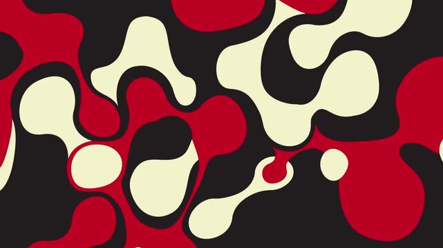 Seamless loop animation of flat red and cream liquid blobs on a black background, gently flowing and wobbling like lava in a lamp, in a bold retro style, as a backdrop for music videos.
