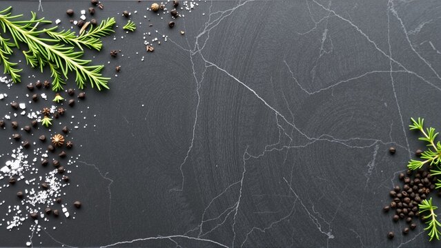 Dark slate surface displays rosemary sprigs, peppercorns, plus salt. Minimalist food photography, ideal backdrop for culinary presentations.
