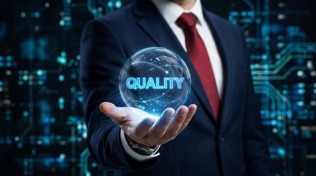 Businessman holding a glowing orb displaying the word quality in a futuristic setting