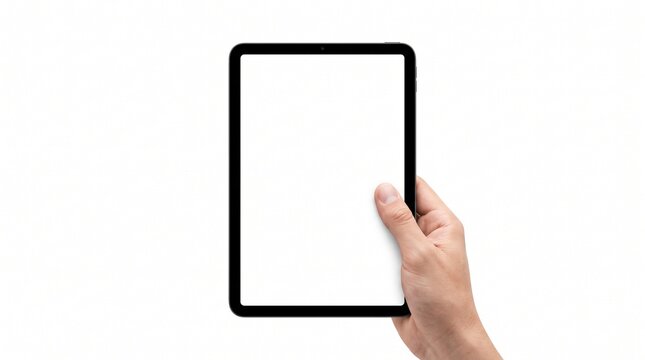 Hand holding a blank tablet screen against a clean white background for mockup design
