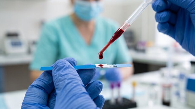 Healthcare professional carefully dispensing a blood sample into a test tube in a lab