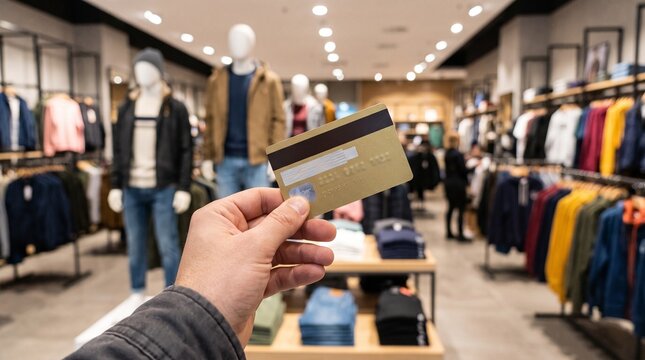 First person view of a credit card being used while shopping in a clothing store
