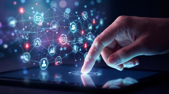 Hand touching digital interface with glowing network connections and data streams
