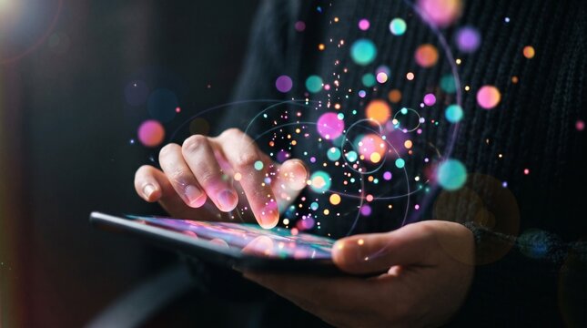 Hands interacting with a digital interface displaying colorful abstract data visualization