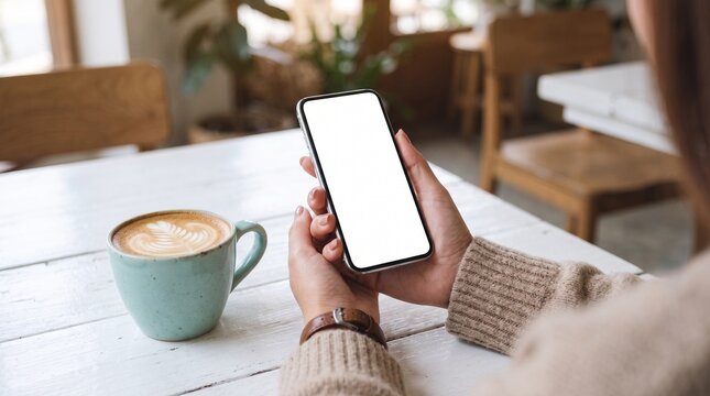 Woman holding a smartphone and drinking coffee at a cafe table indoors